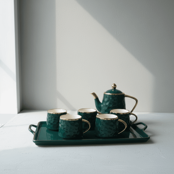 Luxury Emerald Green Tea Set – Elegant Gold Accents, 6 Cups
