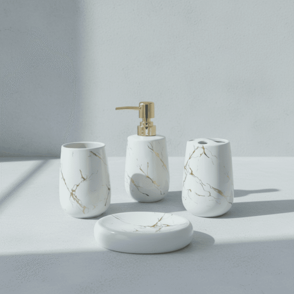 Luxury White Bathroom Set – Elegant Marble Veining & Gold Accents