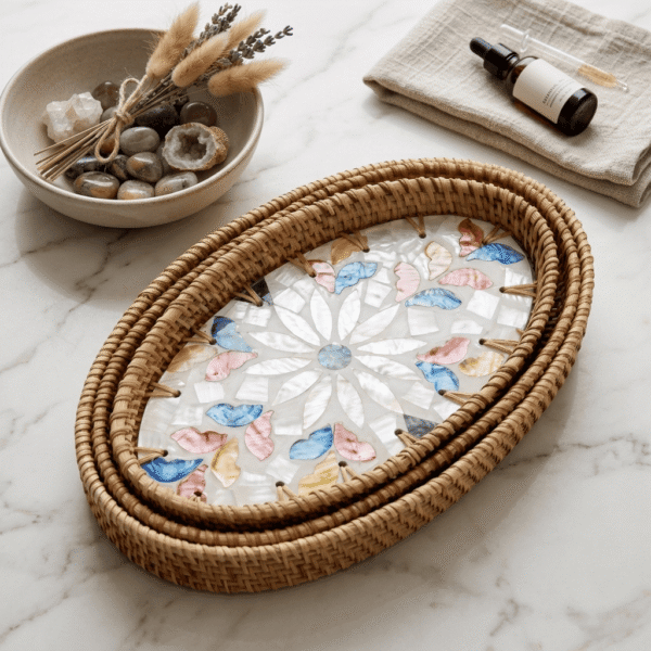 Set of 3 Handwoven Rattan & Colorful Mosaic Oval Nesting Trays