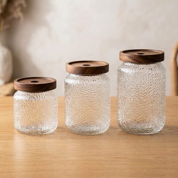 Minimalist Glass Pantry Storage Jars with Natural Wooden Lids